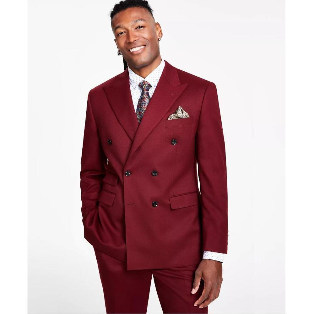 Tayion Collection Men's Double-Breasted Suit Separates Jacket Burgundy C-42